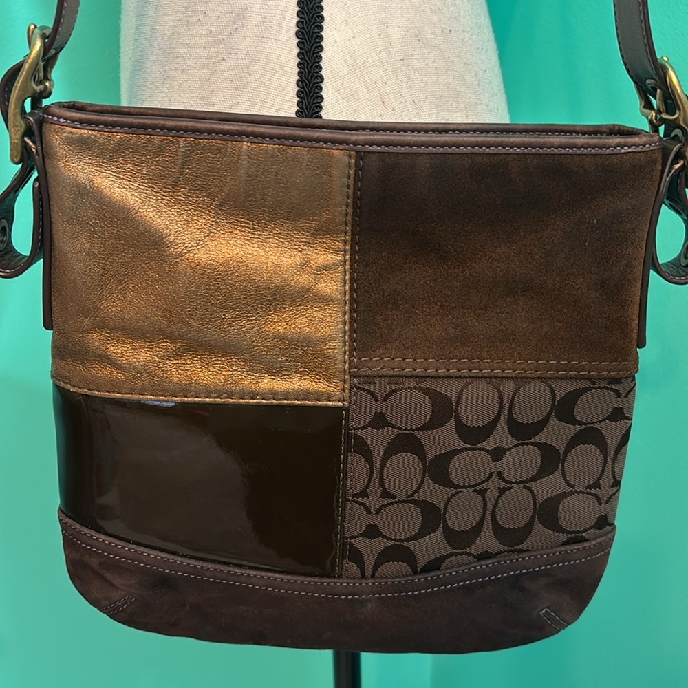 COACH Leather Suede Patchwork Brown Duffel Crossbody Bag - Picture 3 of 16